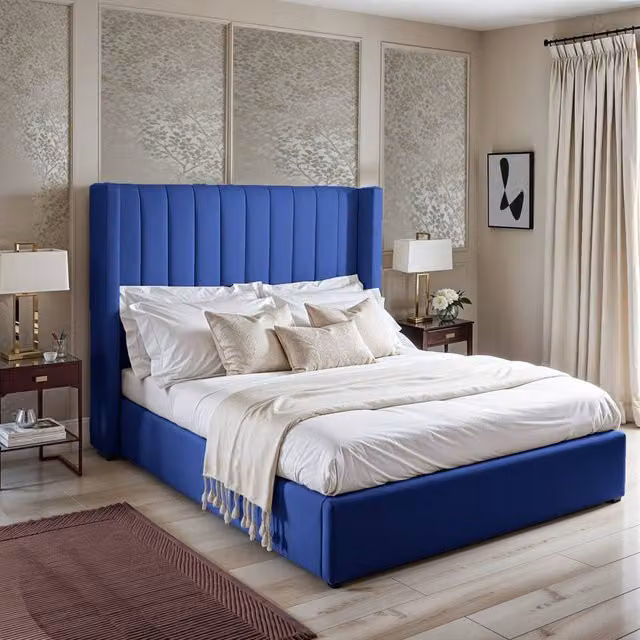 UK Bed Furniture Barcelona Gas Lift Storage Upholstered Bed in Blue, Small Double, W/D/H: 120 x 200 cm