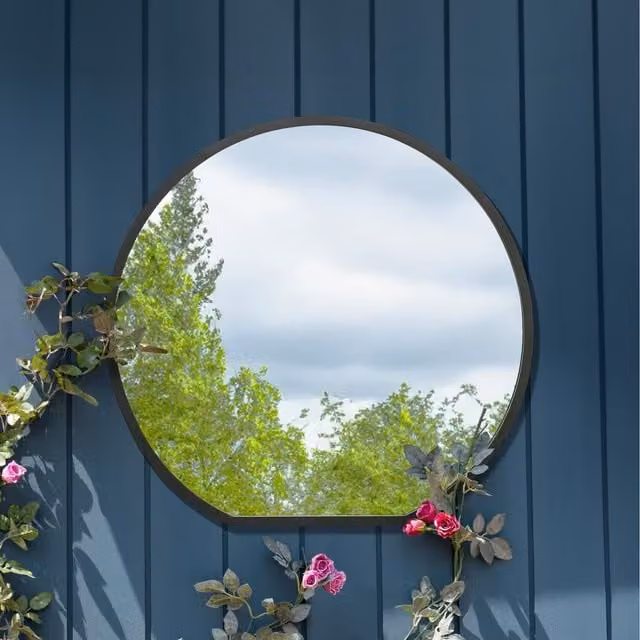MirrorOutlet Circulus Modern Round Black Metal Garden Wall Mirror, Diameter: 80 cm