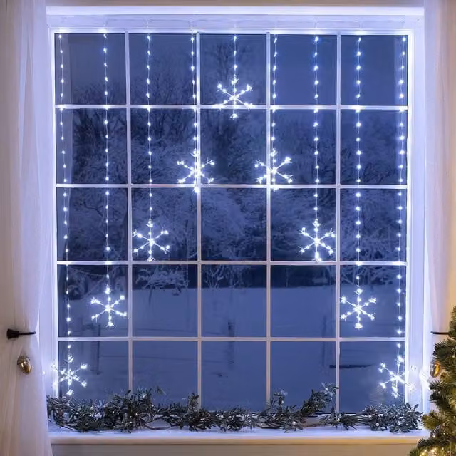 Christow Christmas Micro LED Snowflake Curtain Lights in Warm White, W/H: 120 x 120 cm – 1