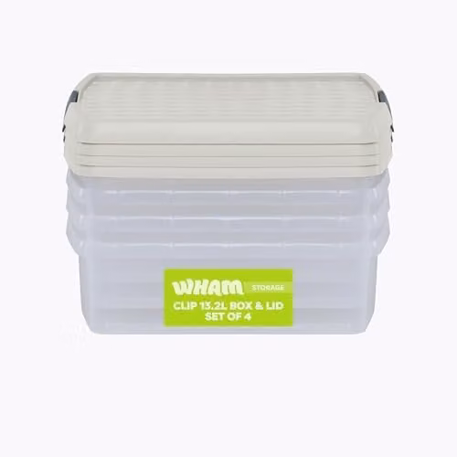 Wham 4 x 13.2L Square Stackable Plastic Storage Boxes with Lids, Transparent/Beige – 1