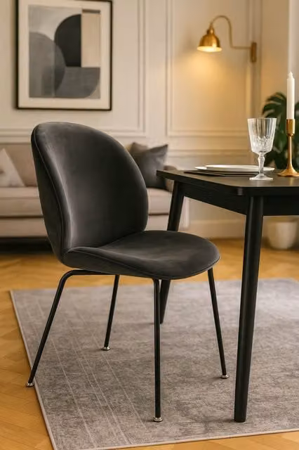 Fusion Living Luxurious Velvet Dining Chair with Black Metal Legs in Dark Grey