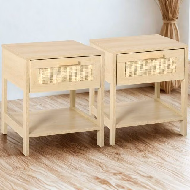 FURNOS Set of 2 Brown Bedside Night Tables with Rattan Drawer and Shelf, W: 40 cm, D: 40 cm, H: 48 cm