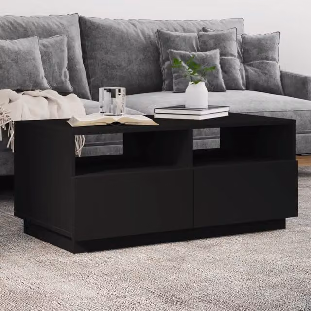 Berkfield Home Modern Black Coffee Table with LED Lights W/D/H: 90 x 49 x 40 cm