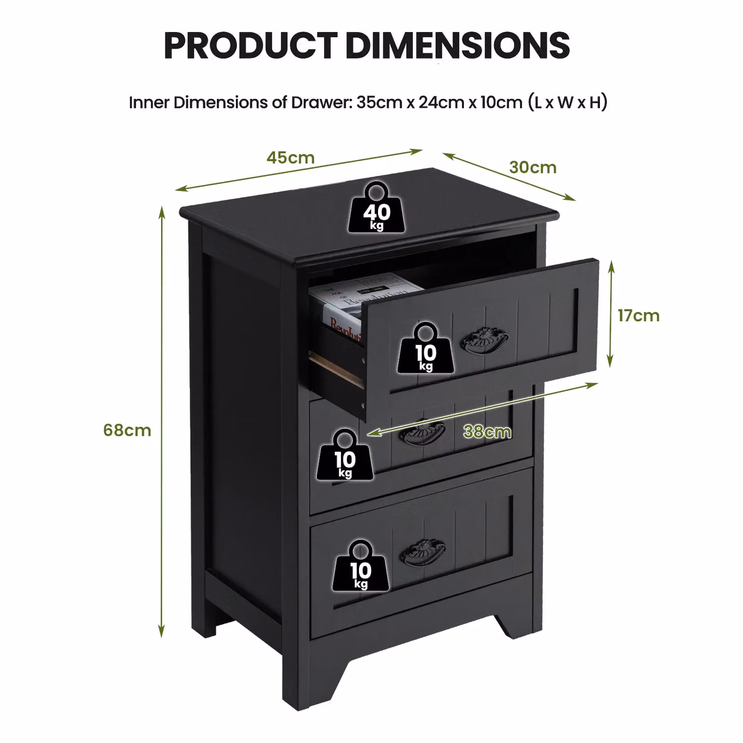 Costway Vintage Wooden 3-Drawer Bedside Table and Accent End Table in Black – 5