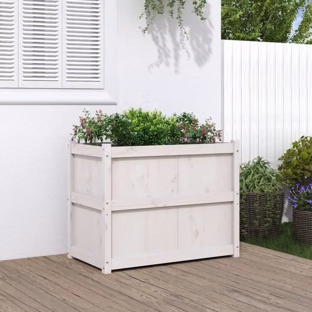 Berkfield Home White Solid Wood Pine Garden Planter Tub W: 90 cm, D: 50 cm, H: 70 cm – 1