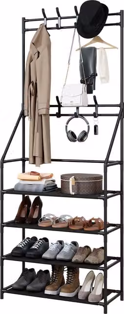 Giggi Modern Dual Hook and Rail Matrix Coat Stand in Matt Black