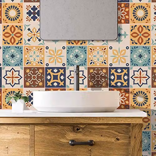 WALPLUS 24 Piece Moroccan Geometric Tile Stickers in Brown and Blue, 15 cm Square Self-Adhesive Vinyl Wall Decals – 1