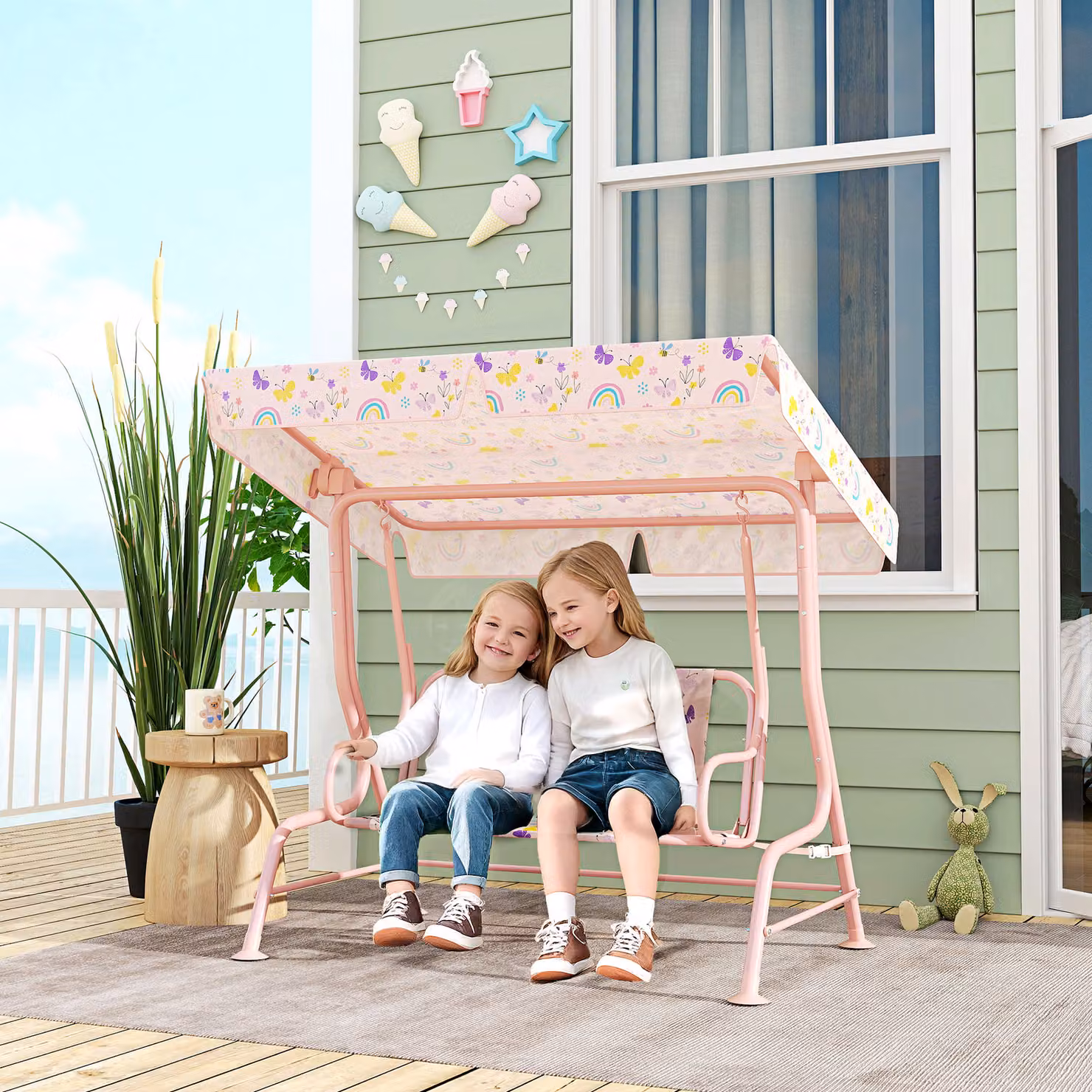 AIYAPLAY Kids Garden Swing Chair with Adjustable Canopy and Safety Belt, 2 Seater Hammock Swing Bench for Patio and Porch, Pink and Multicolour – 2