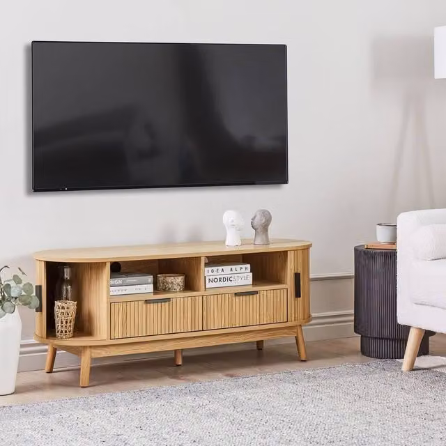 Wyld Haus Classic TV Stand in Light Brown MDF with Solid Pine Legs and 2 Sliding Doors