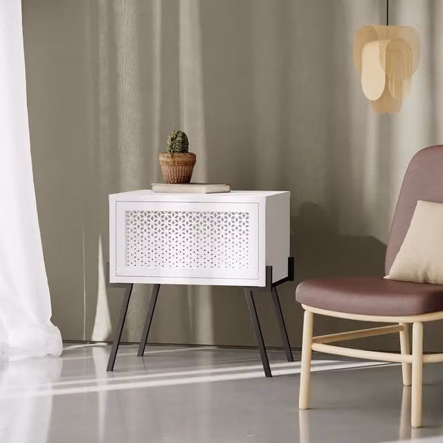 FWStyle White 1 Door Bedside Cabinet with Handless Push Design and Metal Legs