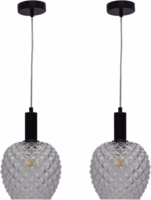 First Choice Lighting Baine Set of 2 Black Deco Pendant Lights with Transparent Textured Glass, Height Adjustable
