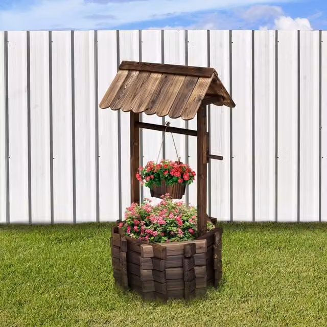 Outsunny Brown Wooden Wishing Well Planter with Hanging Bucket – 7