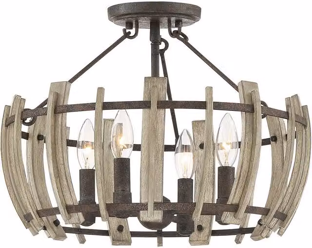 Loops 4 Bulb Semi Flush Ceiling Light with Black Metal Frame and Wood Slat Effect, Rustic LED E14 60W