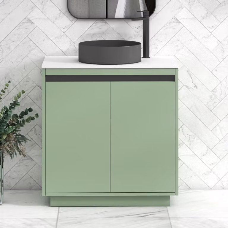 Royal Bathrooms Orion 800mm Mint Sage Floor Standing 2 Door Vanity Unit with Art Round Basin and Black Accent Trim