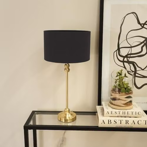 ValueLights Gold Metal Candlestick Table Lamp with Grey Fabric Drum Shade and Included LED Bulb – 2