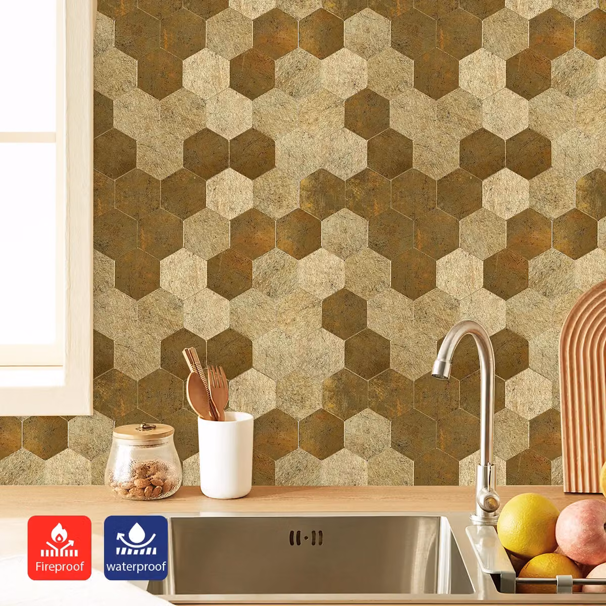 ENER-J Luxe Gold HexaStyle Aluminum Peel & Stick Wall Tiles, Pack of 4, W: 290 mm, D: 288 mm, H: 4 mm – 3