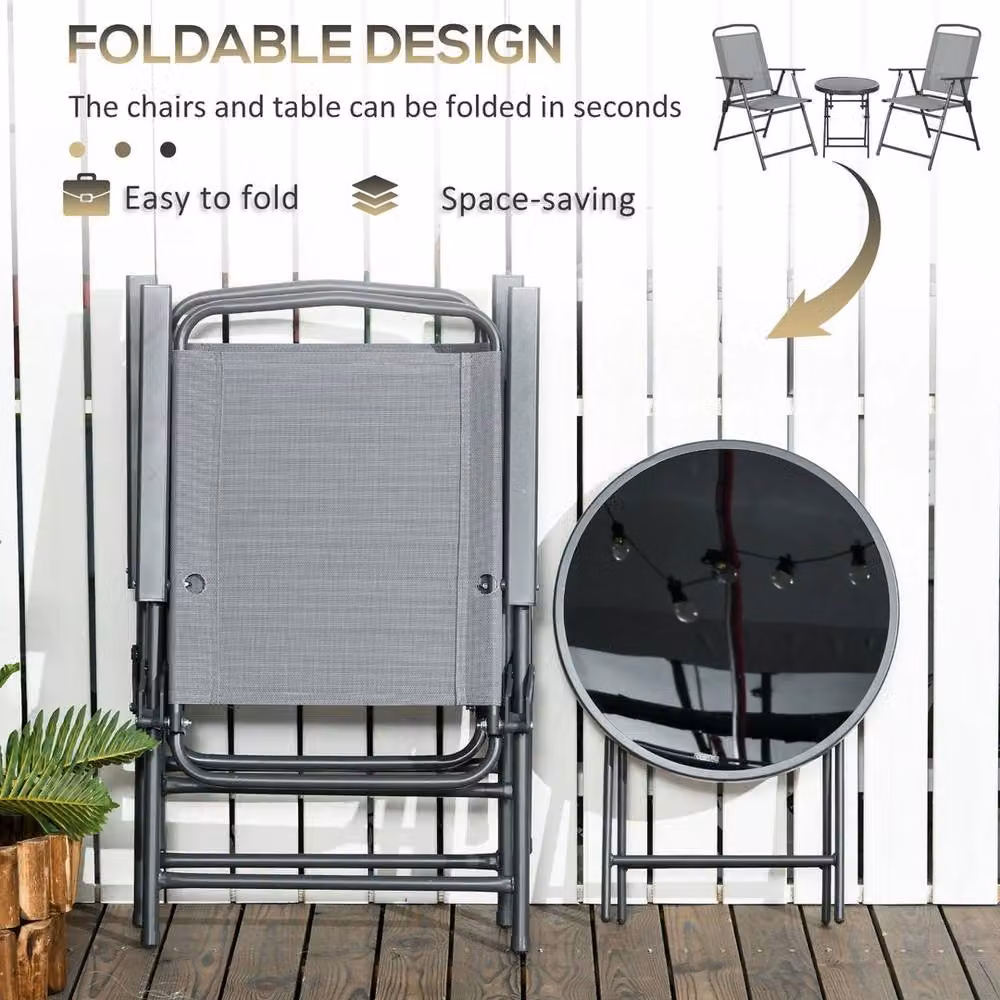 NESTLUNE Grey Metal Patio Bistro Set with Folding Chairs and Coffee Table – 4