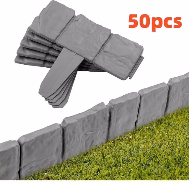 NESTLUNE 50 Pack Grey Cobbled Stone Effect Plastic Lawn Edging, W: 100 cm, D: 15 cm
