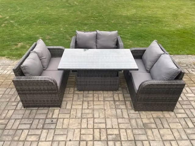 Fimous 3 Piece Rattan Garden Furniture Set with Adjustable Lifting Dining Table in Dark Grey