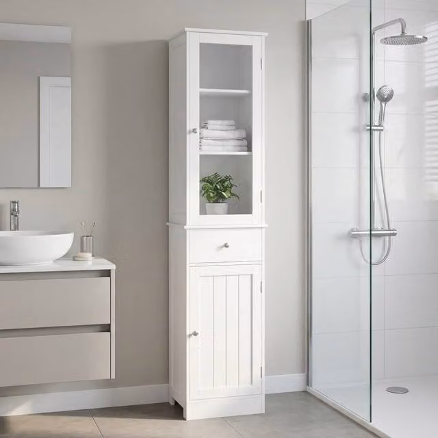 STILVORA Modern White Bathroom Storage Cabinet with Drawers, Hinged Doors and Internal Shelves
