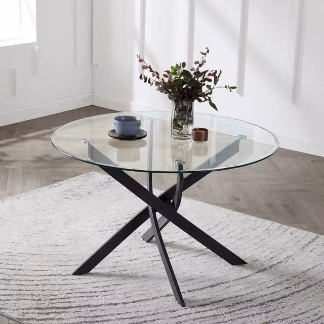 Home Detail Leon Round Glass Dining Table with Black Legs, Diameter: 100 cm – 1
