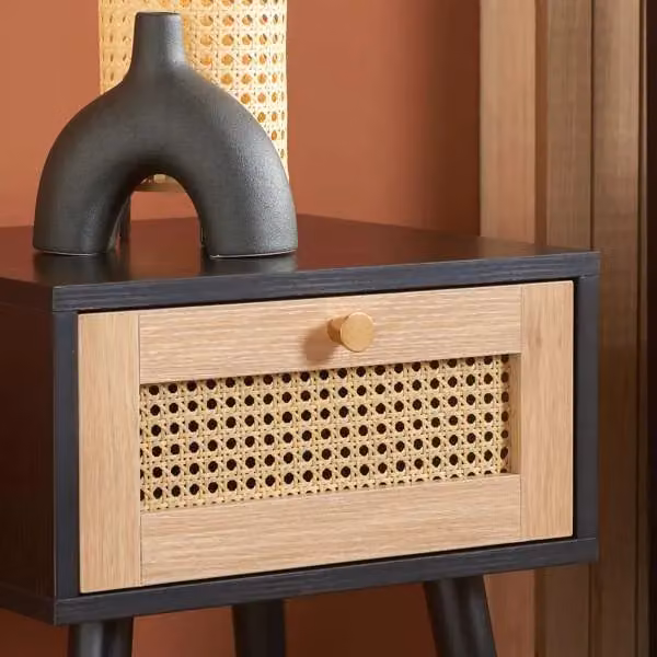 Birlea Croxley Black and Gold Rattan 1 Drawer Bedside Table – 2