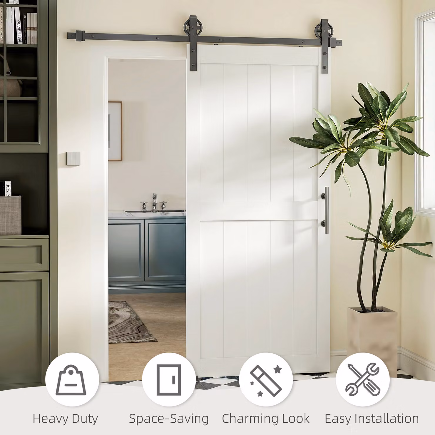 HOMCOM 183cm White Sliding Barn Door Kit with Industrial Hardware and Upgraded Rollers – 4