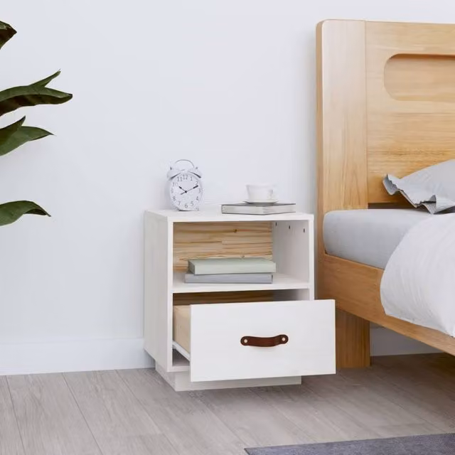 Berkfield Home Beautiful White Solid Wood Pine Bedside Cabinet W/D/H: 40 x 34 x 45 cm