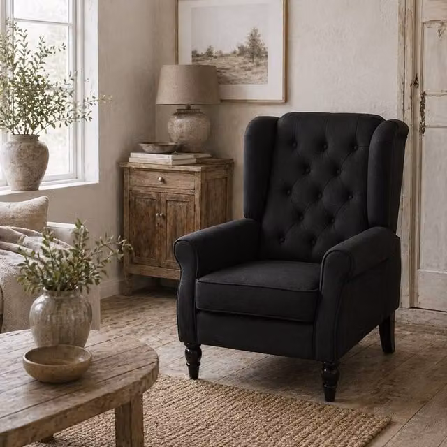 Wyld Haus Royo Black Linen Look Retro Wingback Armchair with Diamond Tufting, W/D/H: 86.0 x 102.0 x 47.0 cm
