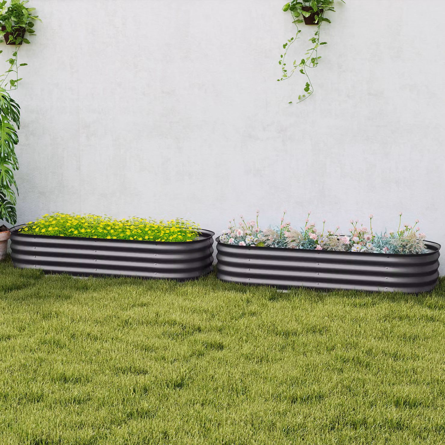 Outsunny Pack of 2 Galvanised Steel Raised Garden Beds with Safety Edging in Dark Grey – 5