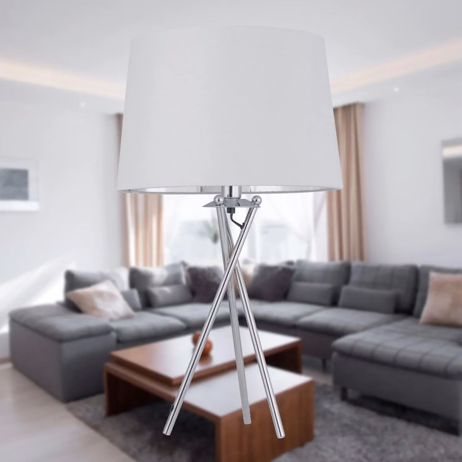First Choice Lighting Tripod Chrome Lamp with White and Silver Fabric Shade, H 53.0 cm x W 28.5 cm x D 28.5 cm – 2
