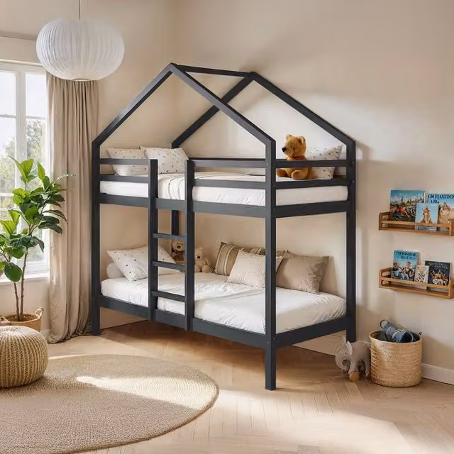 Flair Nest House Bunk Bed in Grey, Solid Wood, W/D/H: 90 x 200 x 223 cm – 1