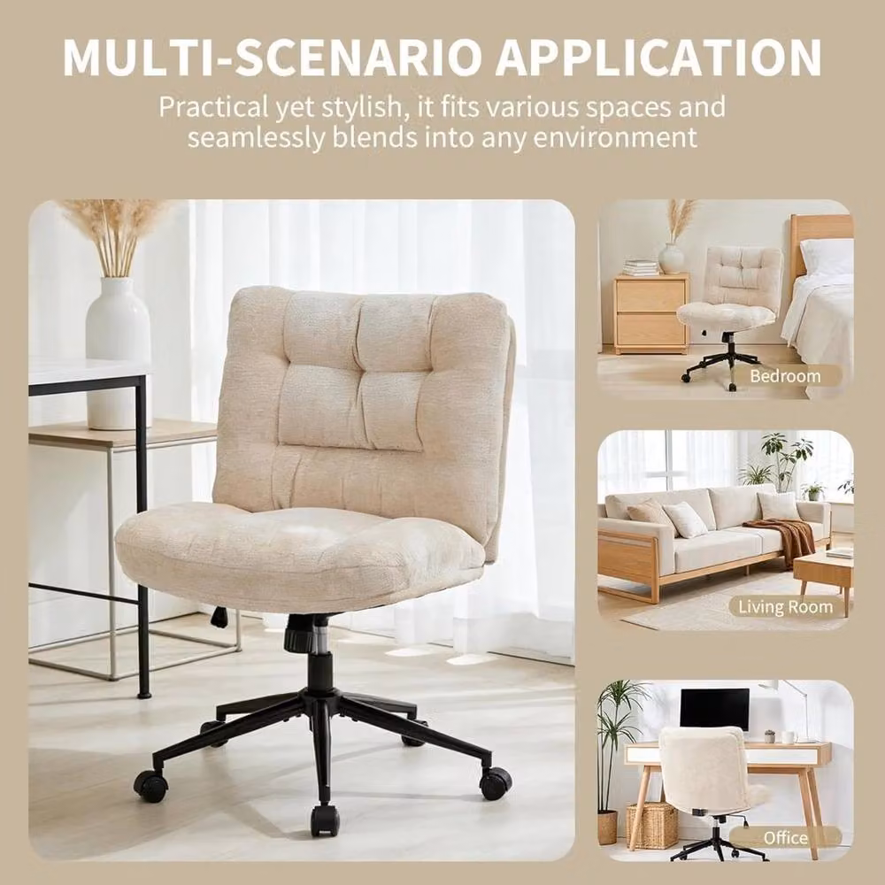 VOGREX Ergonomic Chenille Upholstered Office Chair in Beige with 360 Degree Swivel and Castors – 3