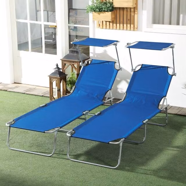 OUTSUNNY Set of 2 Folding Sun Loungers with Sun Canopy and Adjustable Headrest in Blue – 1