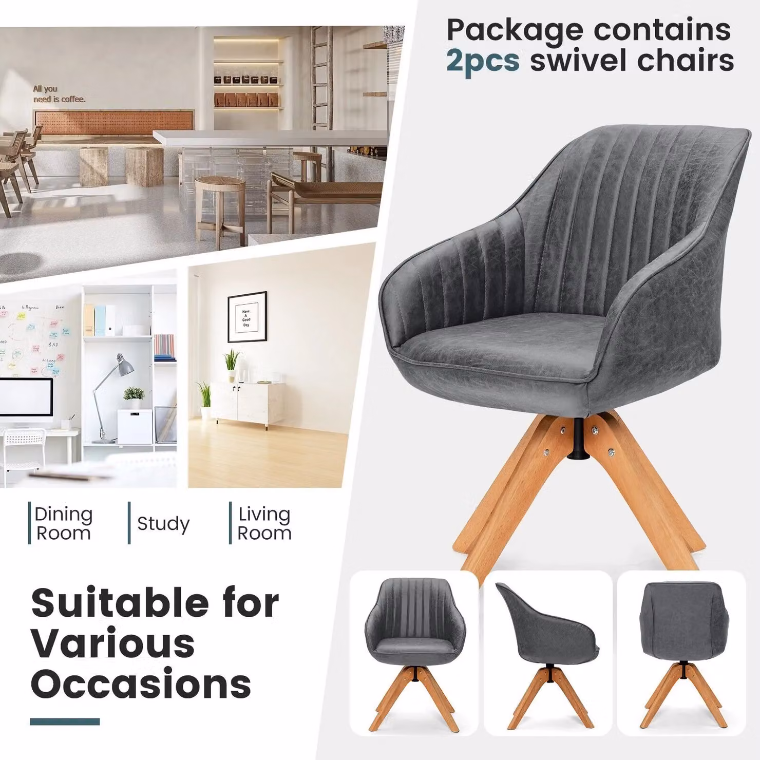 Costway Set of 2 Grey Ergonomic Swivel Accent Armchairs with Armrests – 4