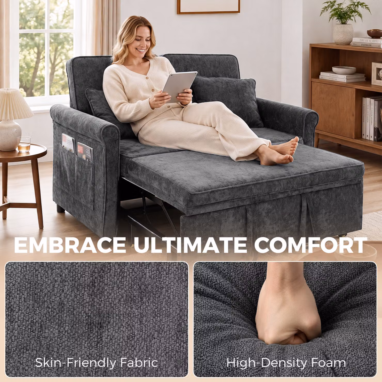 HOMCOM 2 Seater Convertible Chenille Sofa Bed in Grey with 5-Position Adjustable Backrest and Pull Out Sleeper Function, 140 x 190 cm – 6