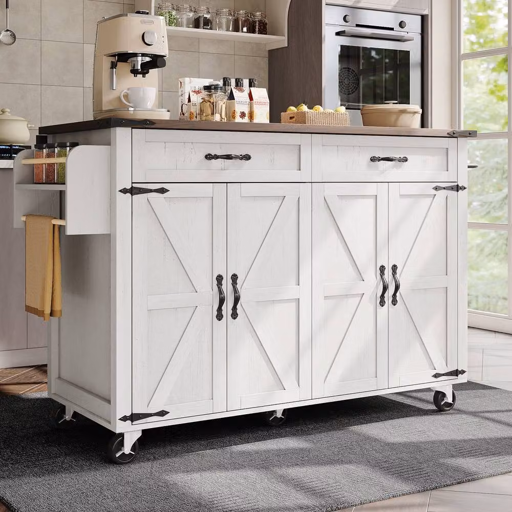 ModernLuxe Mobile Kitchen Island with 4 Doors and 2 Drawers, White and Natural, W/D/H: 93 x 45 x 72 cm – 2