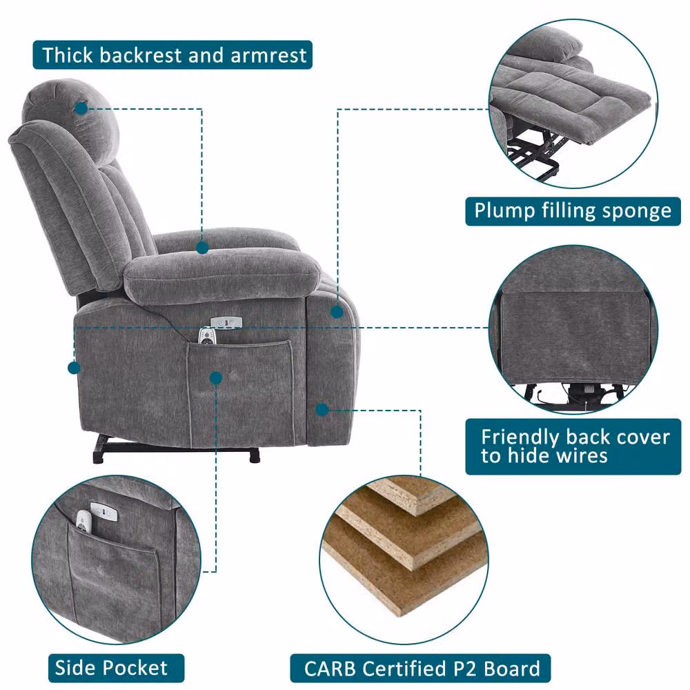 Matteo Electric Power Lift Recliner Chair with Massage, Heat and USB in Grey Fabric – 3