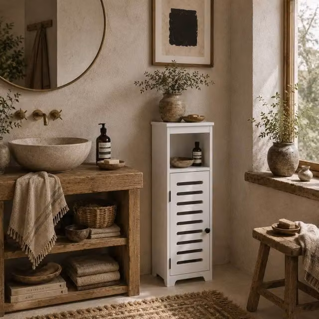 Wyld Haus Nanova White Bathroom Floor Cabinet with Louvered Roll Shutter Doors and Adjustable Internal Shelves