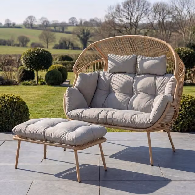 Artemis Home Cocona 2 Seat Standing Egg Chair and Stool in Brown and Beige with Sun Canopy and Cushions