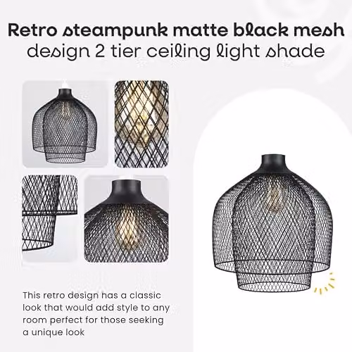 MiniSun Retro Steampunk 2 Tier Dome Ceiling Light Shade in Matt Black, Shade Width: 35.5 cm – 2