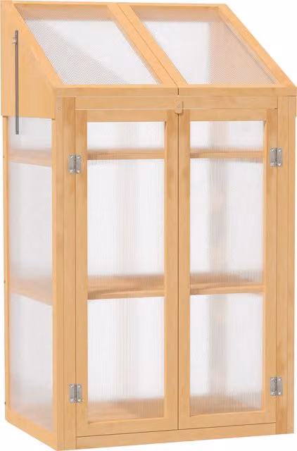 Outsunny Brown Wooden Greenhouse Cold Frame Grow House with Semi Transparent Polycarbonate Glazing, Openable Lid and Double Door, W/D/H: 70 x 50 x 120 cm – 1