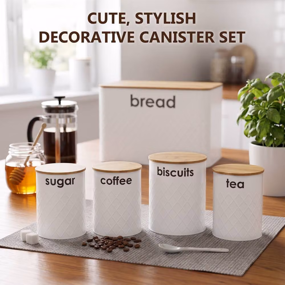 Crystals White 5 Piece Kitchen Storage Set with Bread Bin and Airtight Leakproof Canisters – 4