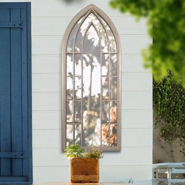 MirrorOutlet Capulet Large Gothic Arch Garden Wall Mirror, Stone, H 150 cm x W 61 cm