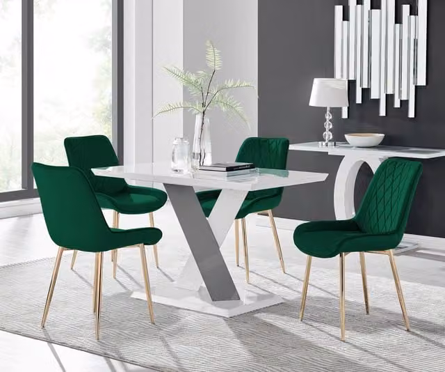Furniturebox Monza White High Gloss Rectangular Dining Table and 4 Green Pesaro Gold Leg Chairs