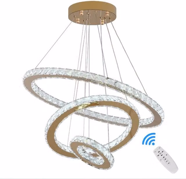 Bath Plus TB+ Modern Ring Crystal Pendant Light with Remote Control and Adjustable Height in Silver or Gold/Brass