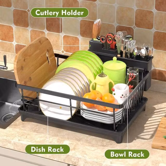 VOGREX Space Saving Kitchen Counter Dish Drainer Rack in Black, W/D/H: 37.8 x 28.3 x 14.5 cm – 1