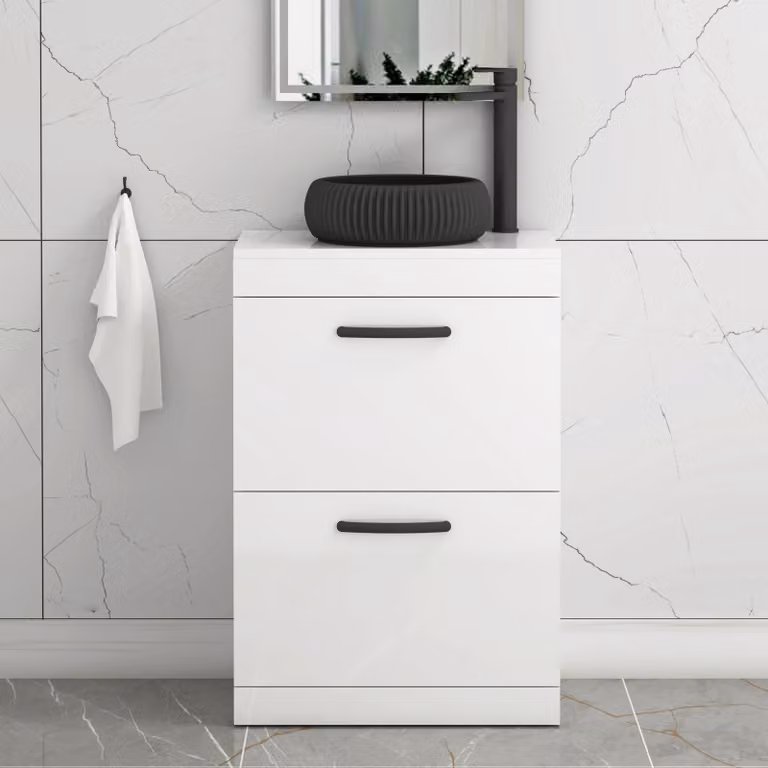 Royal Bathrooms Turin 500mm Floor Standing 2 Drawer Gloss White Vanity Unit with Milan Black Countertop Basin