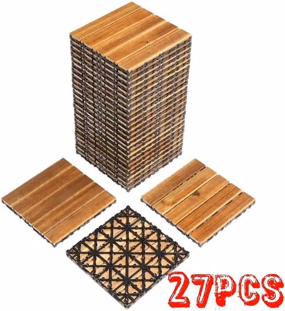 NESTLUNE 27 Piece Wooden Interlocking Decking Tiles in Brown, W/D/H: 30 x 30 x 2 cm