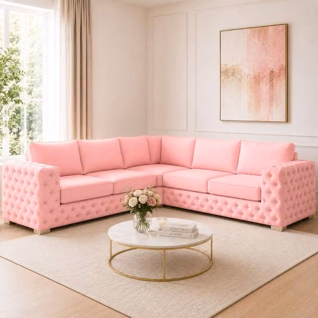 Stratus Interiors Ashley Chesterfield Full Back L-Shape Corner Sofa in Pink Plush Velvet Fabric